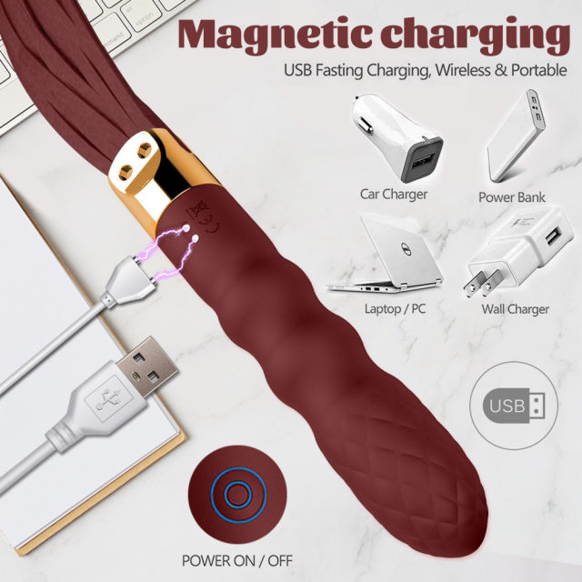 18.12 inch 10-Mode Wine Red Rechargeable Waterproof Vibrating Silicone Whip with Textured Handle