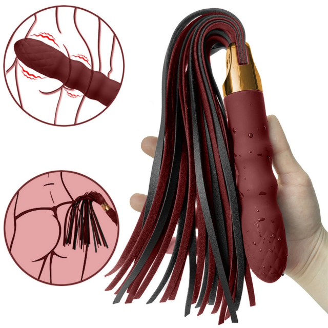 18.12 inch 10-Mode Wine Red Rechargeable Waterproof Vibrating Silicone Whip with Textured Handle