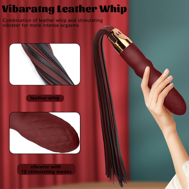 18.12 inch 10-Mode Wine Red Rechargeable Waterproof Vibrating Silicone Whip with Textured Handle