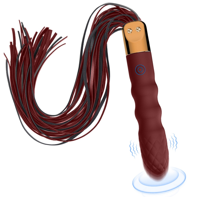 18.12 inch 10-Mode Wine Red Rechargeable Waterproof Vibrating Silicone Whip with Textured Handle