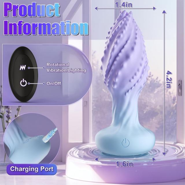 10-Mode Blue & Purple Rotating & Vibrating Anal Plug – Light-Up Petal Tip, Waterproof Rechargeable Silicone, Remote Controlled