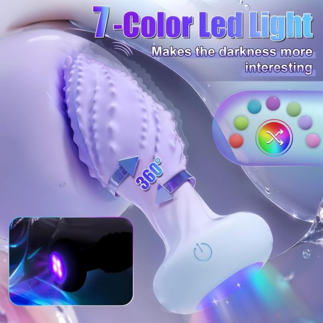 10-Mode Blue & Purple Rotating & Vibrating Anal Plug – Light-Up Petal Tip, Waterproof Rechargeable Silicone, Remote Controlled