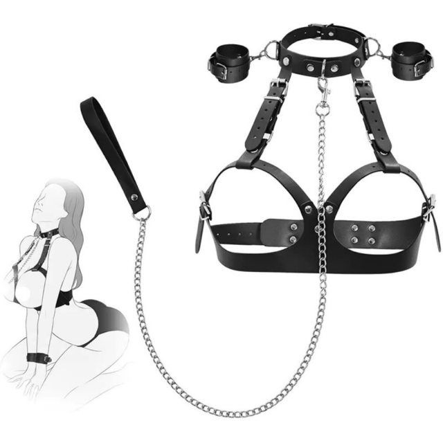 Adjustable Chest Harness Bondage Set with Collar, Handcuffs & Leash – Black Fetish Restraint Kit