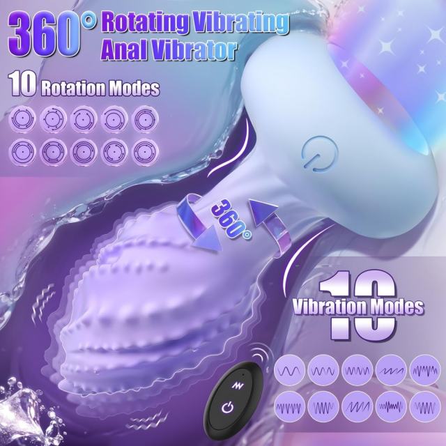 10-Mode Blue & Purple Rotating & Vibrating Anal Plug – Light-Up Petal Tip, Waterproof Rechargeable Silicone, Remote Controlled