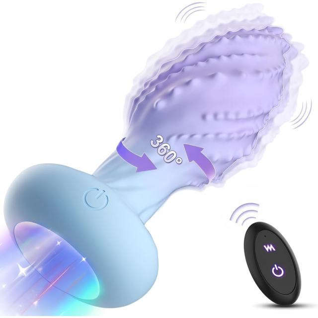 10-Mode Blue & Purple Rotating & Vibrating Anal Plug – Light-Up Petal Tip, Waterproof Rechargeable Silicone, Remote Controlled
