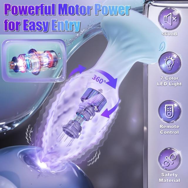 10-Mode Blue & Purple Rotating & Vibrating Anal Plug – Light-Up Petal Tip, Waterproof Rechargeable Silicone, Remote Controlled