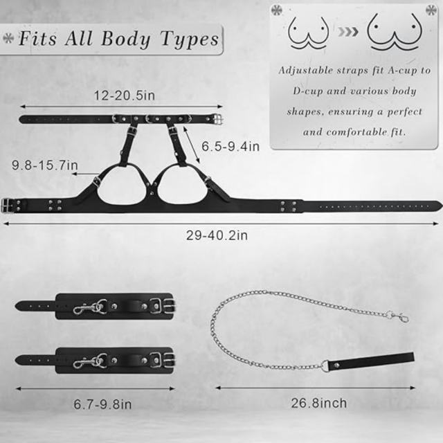 Adjustable Chest Harness Bondage Set with Collar, Handcuffs & Leash – Black Fetish Restraint Kit