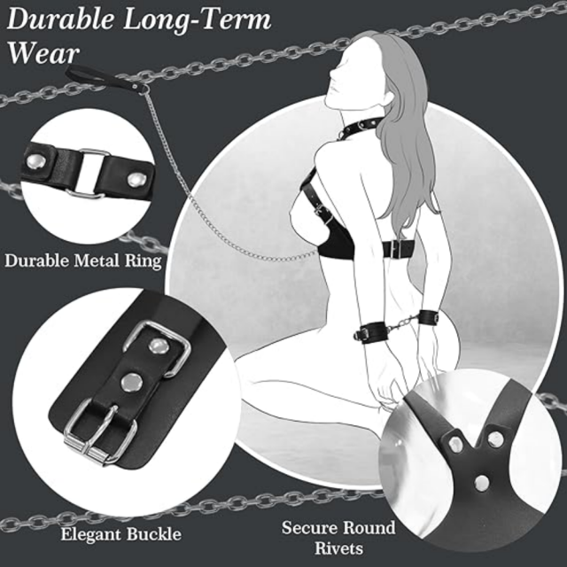 Adjustable Chest Harness Bondage Set with Collar, Handcuffs & Leash – Black Fetish Restraint Kit