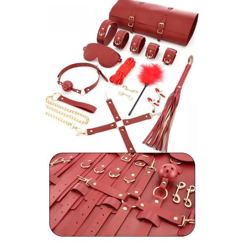 11-Piece Wine Red BDSM Bondage Set with Organizer Pouch