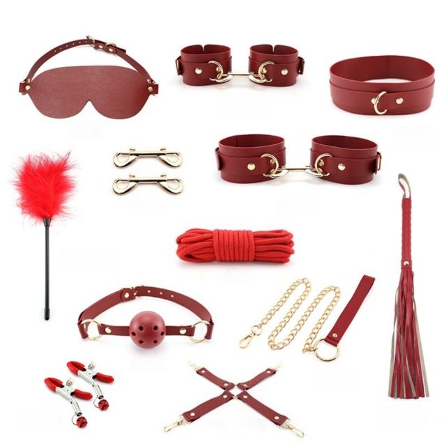 11-Piece Wine Red BDSM Bondage Set with Organizer Pouch