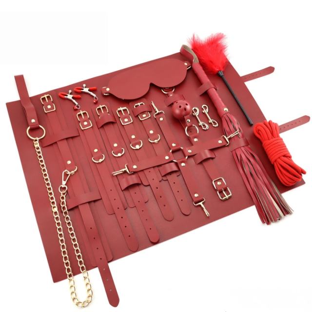 11-Piece Wine Red BDSM Bondage Set with Organizer Pouch