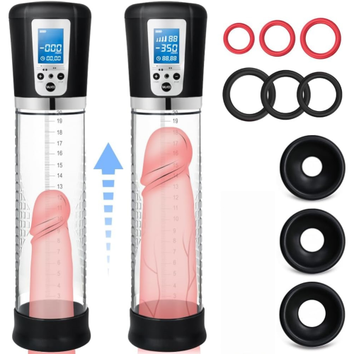 11.62 Inch Rechargeable Electric Penis Pump – 4 Suction Speeds, Waterproof, with 3 Sleeves & 6 Cock Rings