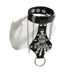 Gothic Skeleton Backhand PU Harness with Chains – Adjustable Wrist Fit, Finger Ring Loop
