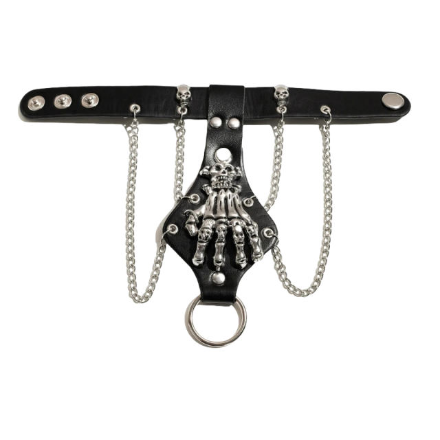 Gothic Skeleton Backhand PU Harness with Chains – Adjustable Wrist Fit, Finger Ring Loop