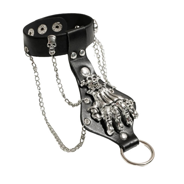 Gothic Skeleton Backhand PU Harness with Chains – Adjustable Wrist Fit, Finger Ring Loop