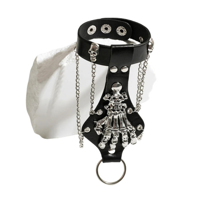 Gothic Skeleton Backhand PU Harness with Chains – Adjustable Wrist Fit, Finger Ring Loop