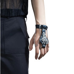 Gothic Skeleton Backhand PU Harness with Chains – Adjustable Wrist Fit, Finger Ring Loop