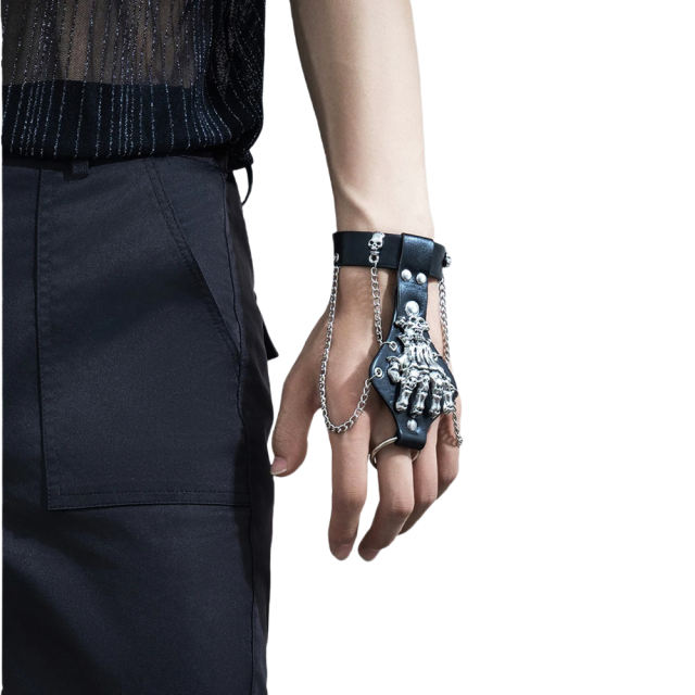 Gothic Skeleton Backhand PU Harness with Chains – Adjustable Wrist Fit, Finger Ring Loop