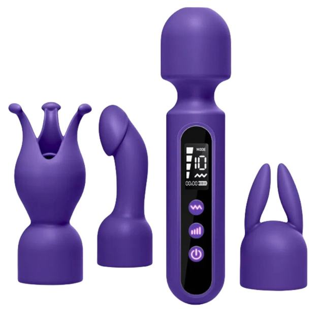 6.7 Inch 10-Speed Purple Waterproof Rechargeable Silicone Wand Massager with 3 Attachments