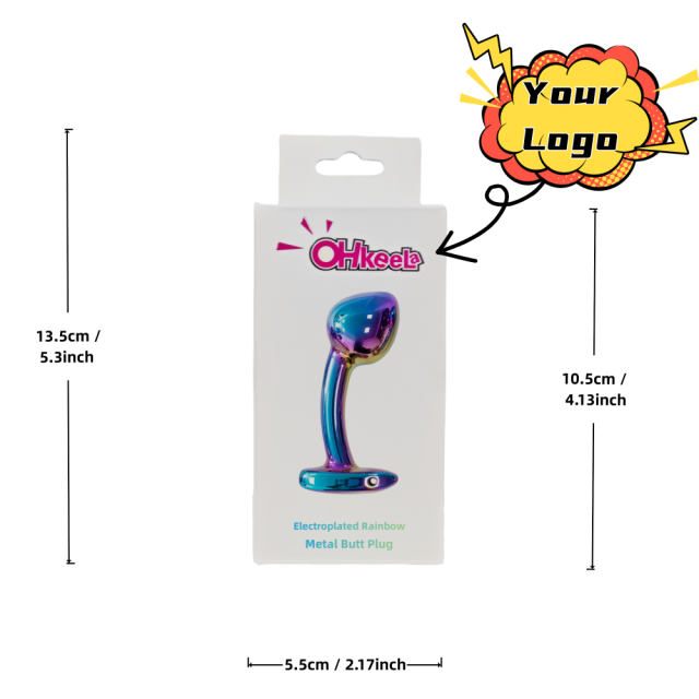 Customizable 2.92 Inch Rainbow Metal Butt Plug with Curved Design and Gift Box