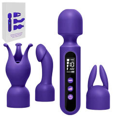 Customizable 6.7 Inch 10-Speed Purple Waterproof Rechargeable Silicone Wand Massager with 3 Attachments