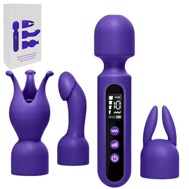 Customizable 6.7 Inch 10-Speed Purple Waterproof Rechargeable Silicone Wand Massager with 3 Attachments