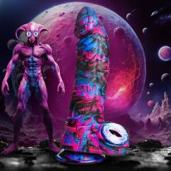 Customizable 8.67 inch Monster-Inspired Fantasy Dildo with Dual-Eyed Base – Blue & Purple Silicone Design
