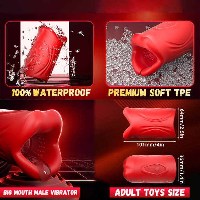 Customizable 3.94 Inch Red 9-Speed Waterproof Rechargeable Silicone Tongue Male Masturbator