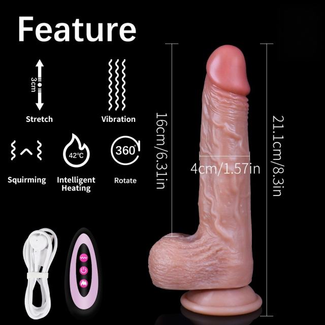 8.27 Inch Flesh Thrusting + Swinging + Heating Vibrating Dildo – 10 Vibration & 3 Thrust Modes, Waterproof, Rechargeable, with Remote Control