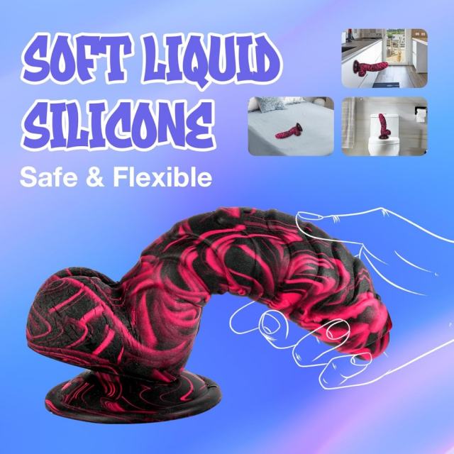 Black + Red 100% Medical-Grade Silicone Fantasy Dildo with Textured Vein Design & Suction Cup