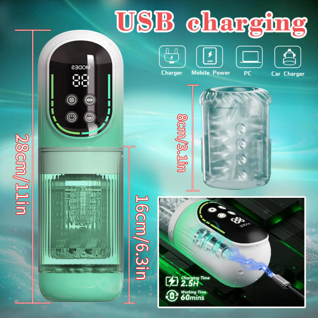 Customizable 7-Speed Green Rechargeable Masturbator with Vibrating, Thrusting, Rotating, Sucking & Tongue-Licking Functions