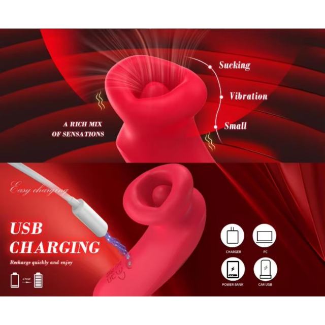 10-Mode Red Rechargeable Silicone Vibrator with Sucting Function