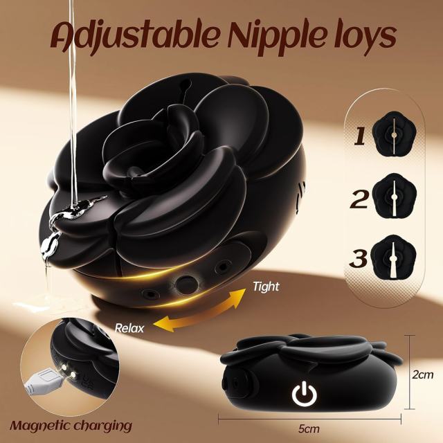 10-Mode Black Color Rose-Shaped Rechargeable Vibrating Nipple Clamps (Pair)