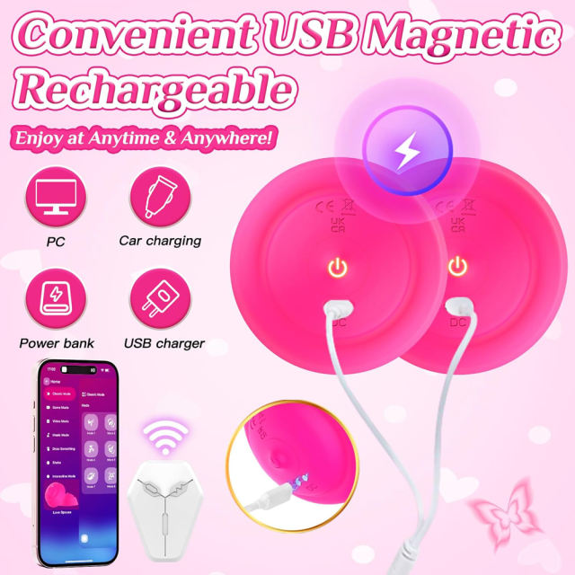 9-Mode Magenta App-Controlled Vibrating Nipple Suckers (Pair) with Remote Controller