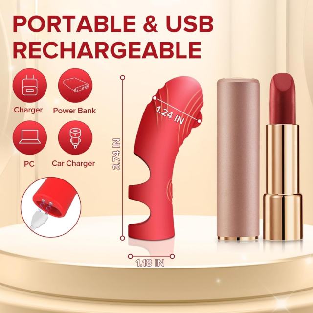 10-Mode Red Rechargeable Waterproof Silicone Finger-Grip Vibrator