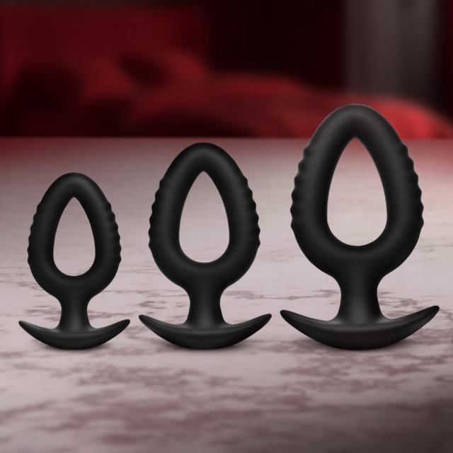 3-Piece Black Silicone Anal Plug Set with Pull-Ring Handles – Small/Medium/Large