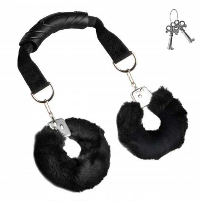 Black Handler Furry Handcuffs with Handle