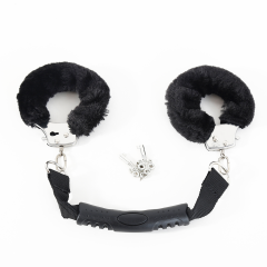 Black Handler Furry Handcuffs with Handle