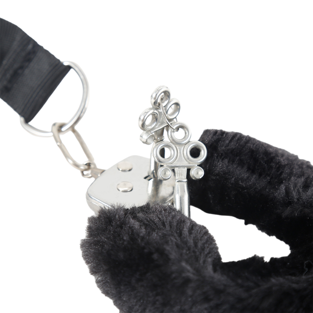 Black Handler Furry Handcuffs with Handle