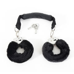 Black Handler Furry Handcuffs with Handle