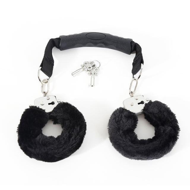 Black Handler Furry Handcuffs with Handle