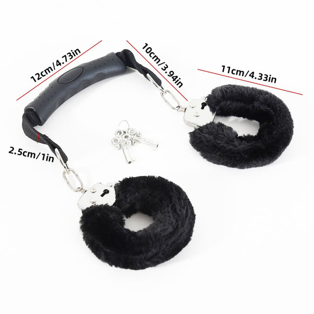 Black Handler Furry Handcuffs with Handle