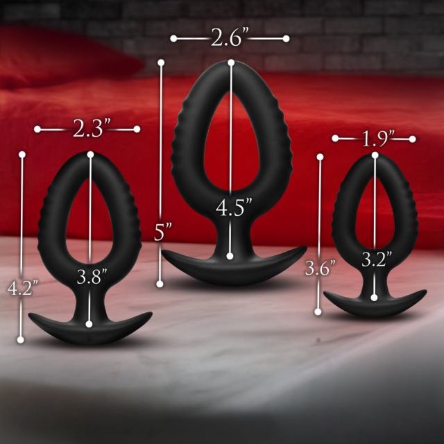 3-Piece Black Silicone Anal Plug Set with Pull-Ring Handles – Small/Medium/Large