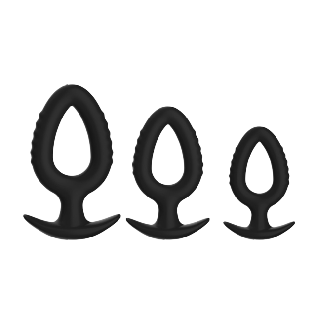 3-Piece Black Silicone Anal Plug Set with Pull-Ring Handles – Small/Medium/Large