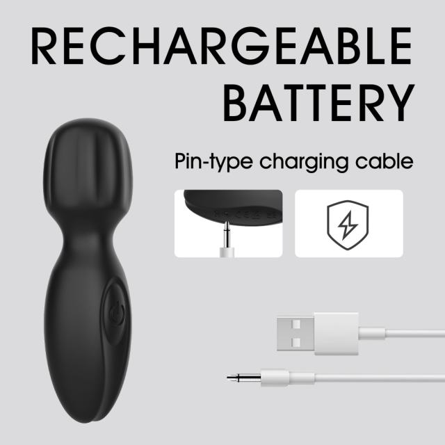 10-Mode Black Plug-In Rechargeable Mini Wand Silicone Vibrator