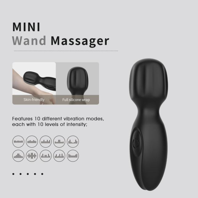 10-Mode Black Plug-In Rechargeable Mini Wand Silicone Vibrator