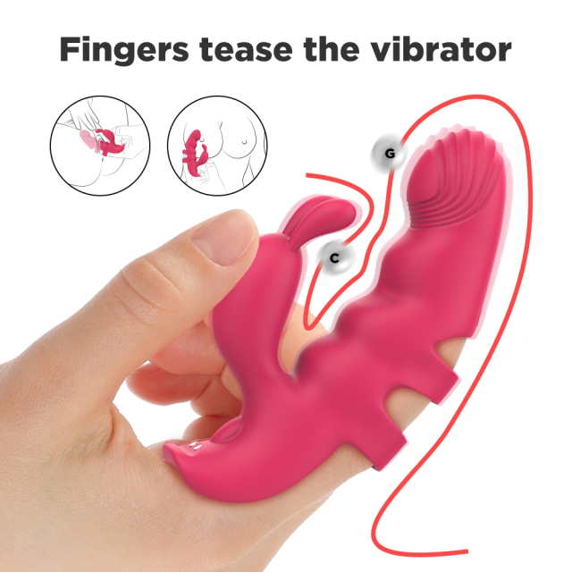 7-Mode Magenta Rechargeable Silicone Finger Vibrator with Rabbit Ears