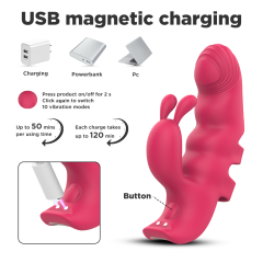 7-Mode Magenta Rechargeable Silicone Finger Vibrator with Rabbit Ears