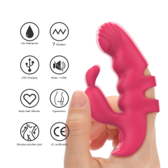 7-Mode Magenta Rechargeable Silicone Finger Vibrator with Rabbit Ears