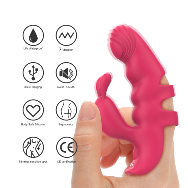 7-Mode Magenta Rechargeable Silicone Finger Vibrator with Rabbit Ears